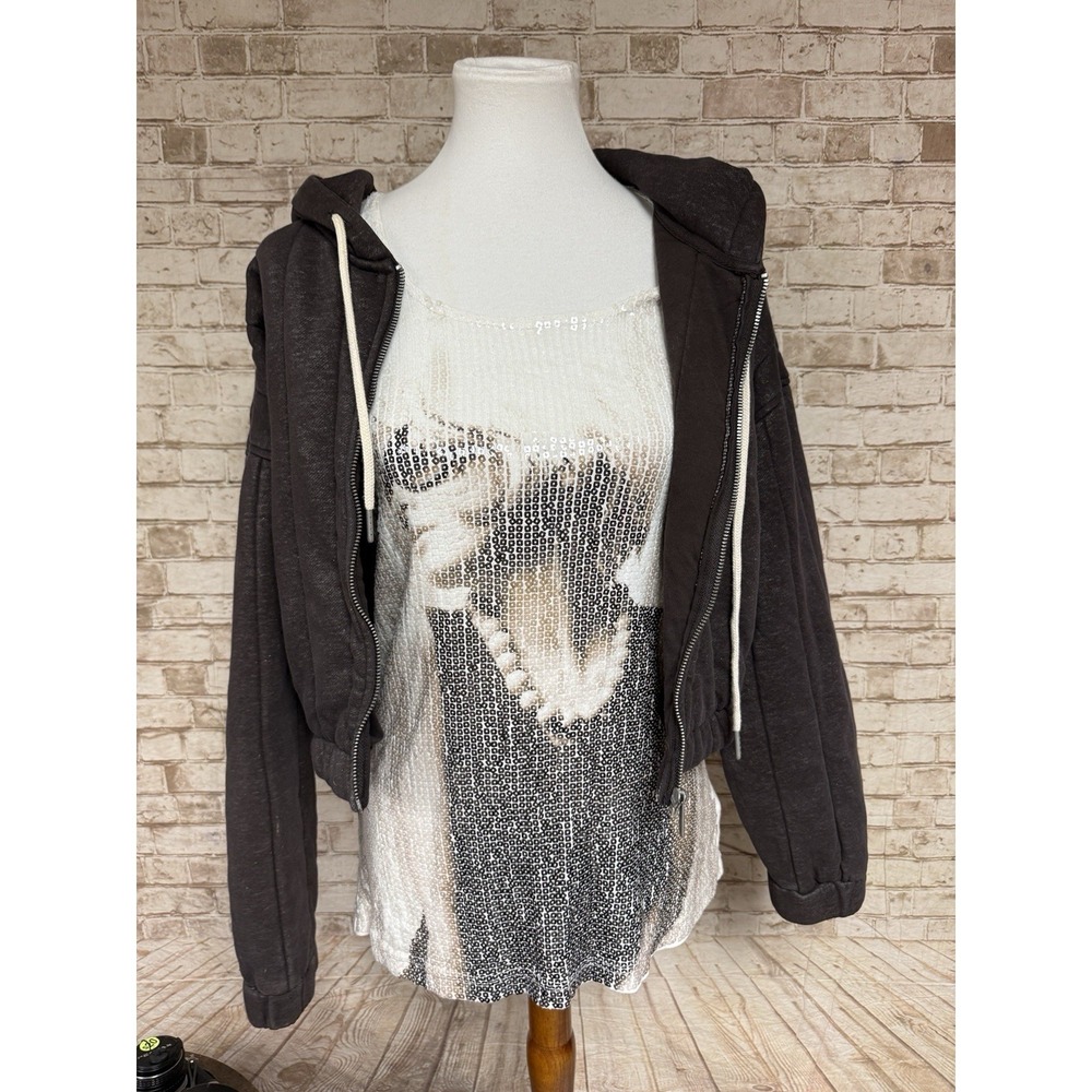 Urban Outfitters Small Brown Quilted Crop Hoodie Full Zip Soft Cozy Streetwear S - Picture 3 of 9
